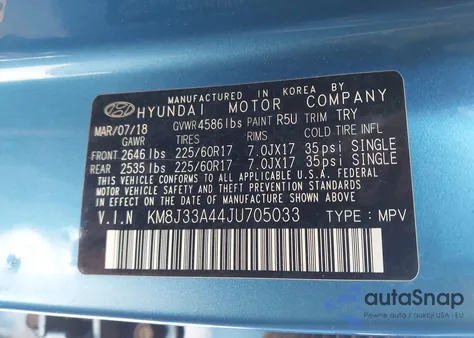 2018 Hyundai Tucson Sel z USA, uszkodzony, nr VIN KM8J33A44JU705033